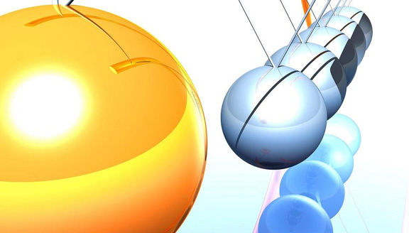 Amethyst Health Screening logo of Newtons Cradle with a yellow ball and smaller blue balls which have reflections underneath